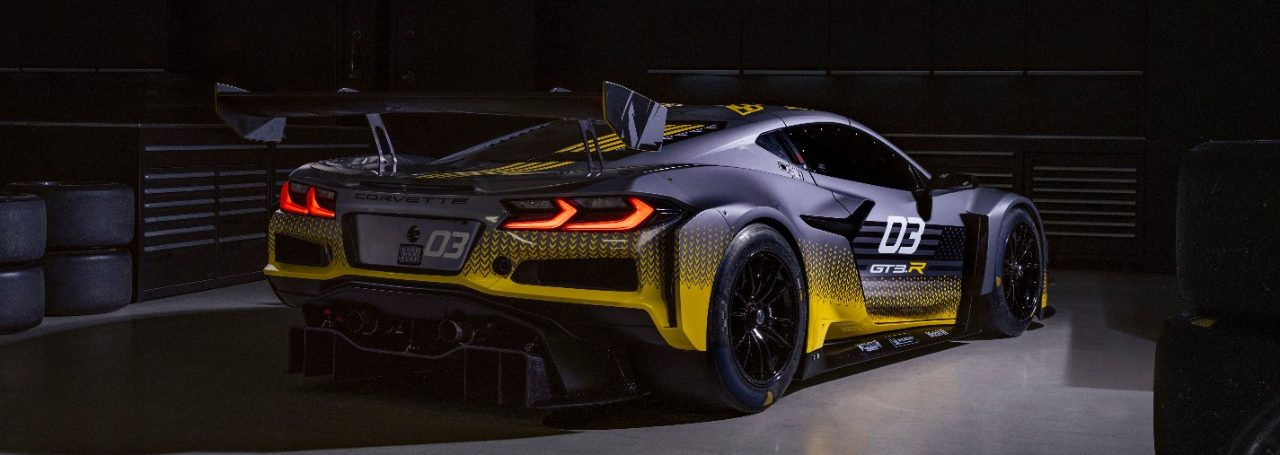 Corvette GT3R rear 3/4 image with gradient black to yellow paint scheme