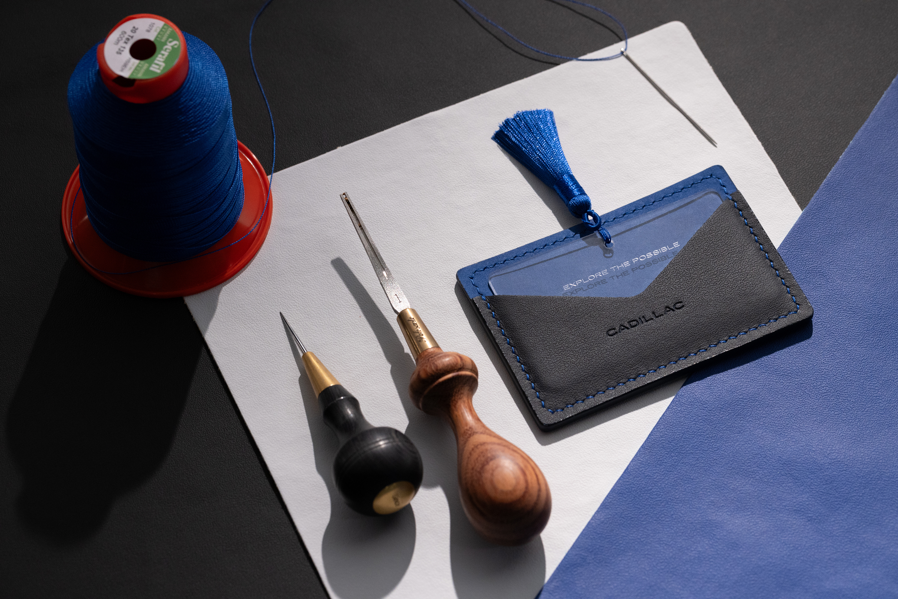 Cadillac embossed black material made from Fine Mycelium nterior suede material in Santorini hue.