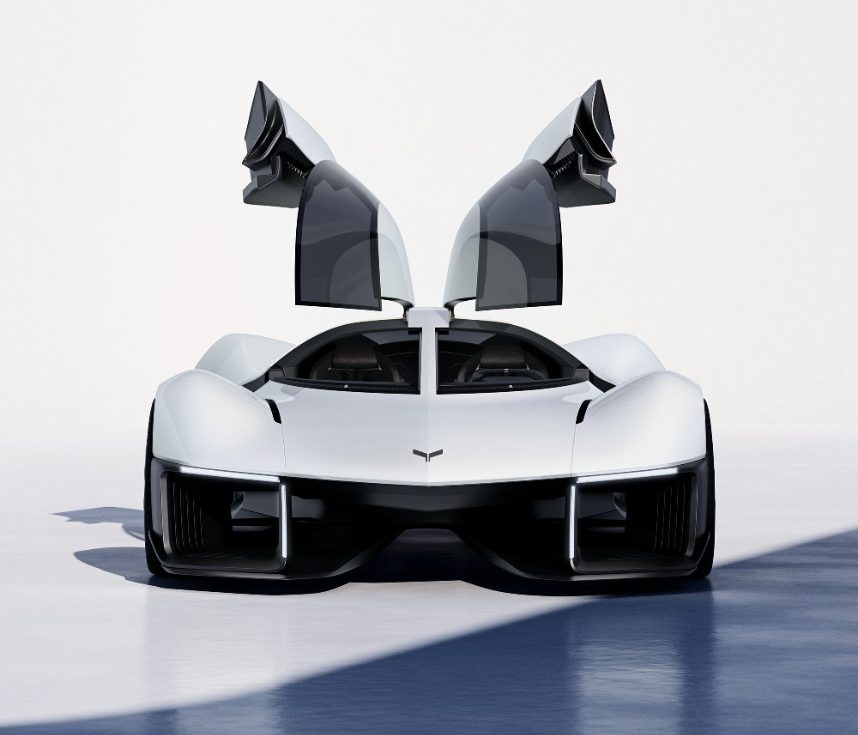 New Chevrolet Corvette concept car with open gull wing doors.