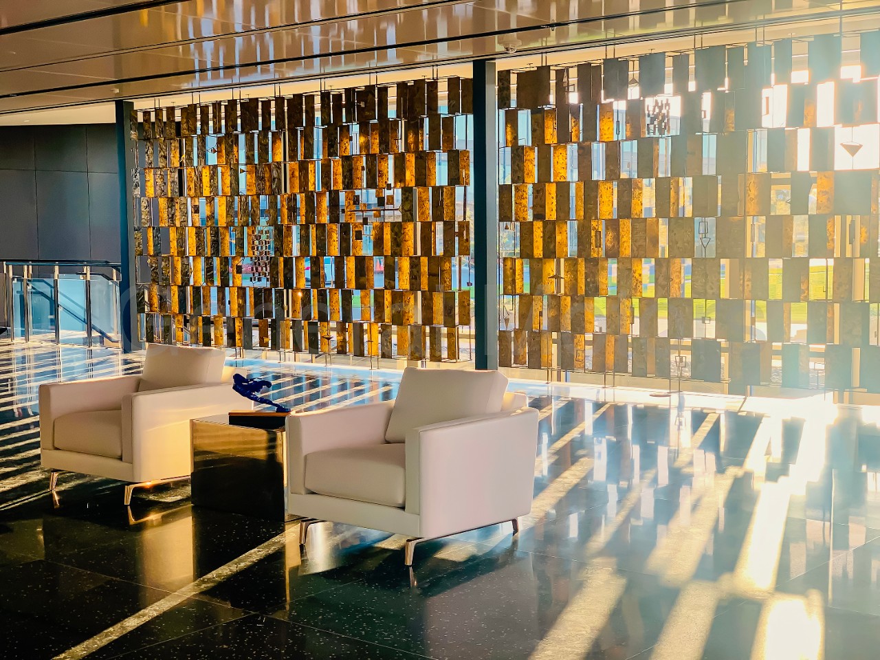 “Untitled Wall Screen” viewed from inside the Cadillac House at Vanderbilt.