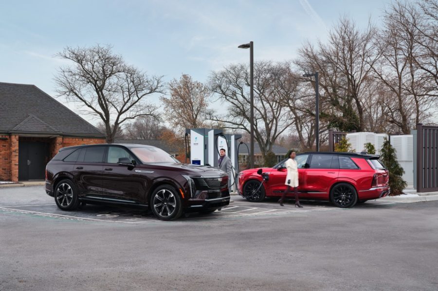 Cadillac EVs at an Electrify America station.