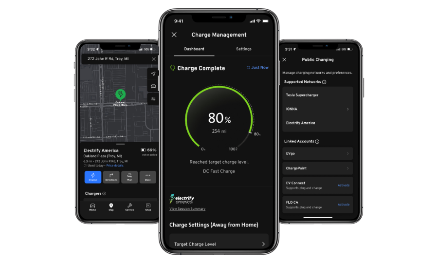 GM myBrand app showing Electrify America integration.