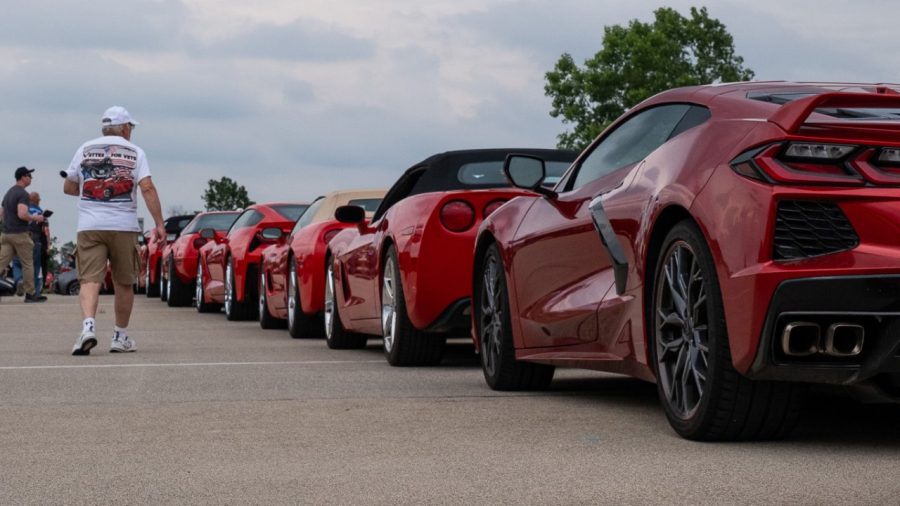 A line of red Corvettes
