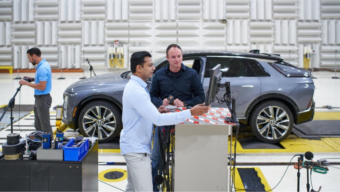 Director and Engineers Work on the Cadillac Lyriq’s Sonic Identity in a Vehicle Workspace