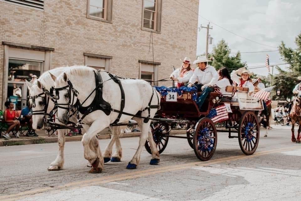 Two white horses pull an open carriage carrying members of the GM UAW Riding Team wearing cowboy hats.