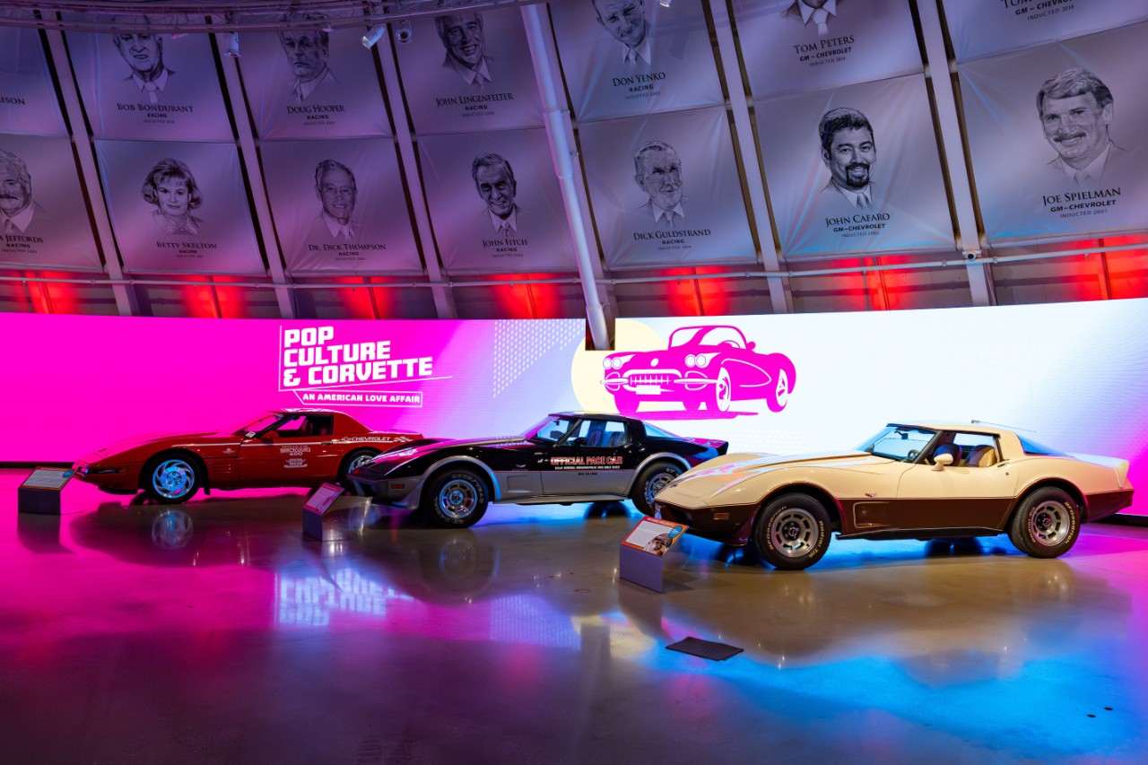 Image of three Corvettes on display at the National Corvette Museum