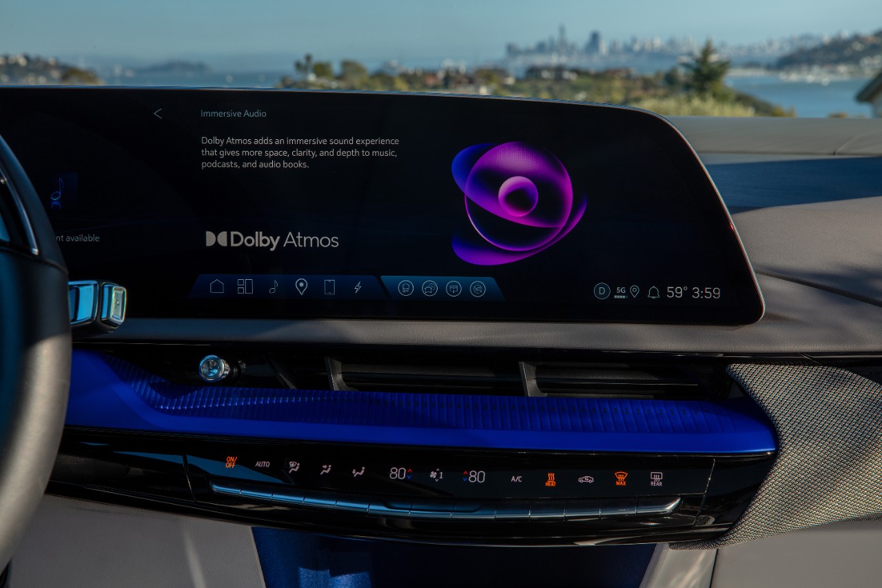 Dolby Atmos interface on the Cadillac OPTIQ's 33-inch-display.