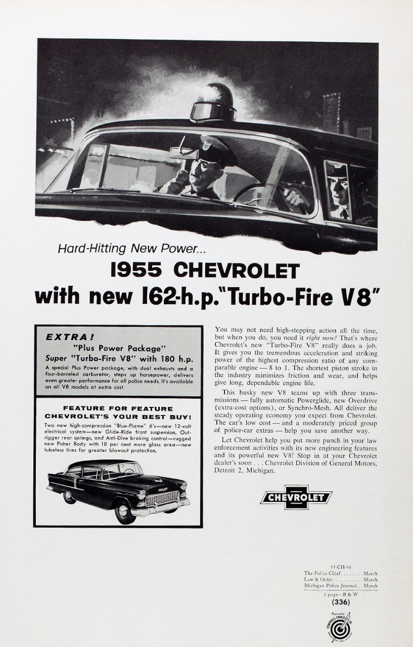 A print advertisement for Chevy’s 1955 police cars.