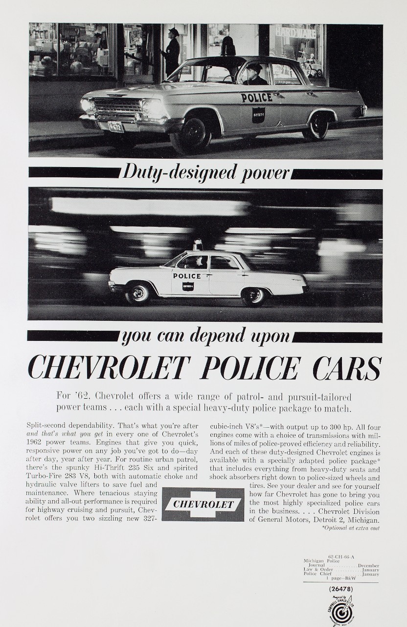 A 1962 Chevrolet police car advertisement.