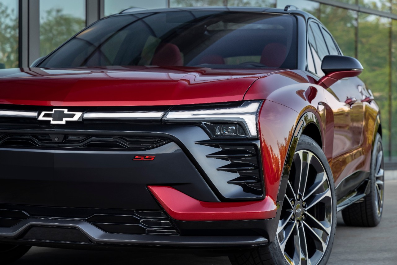 2024 Chevrolet Blazer EV Close-up of front end of red Chevy Blazer EV SS.