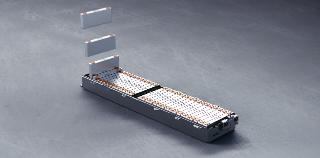 Model of GM's next generation battery module, which will use both prismatic and pouch cells.