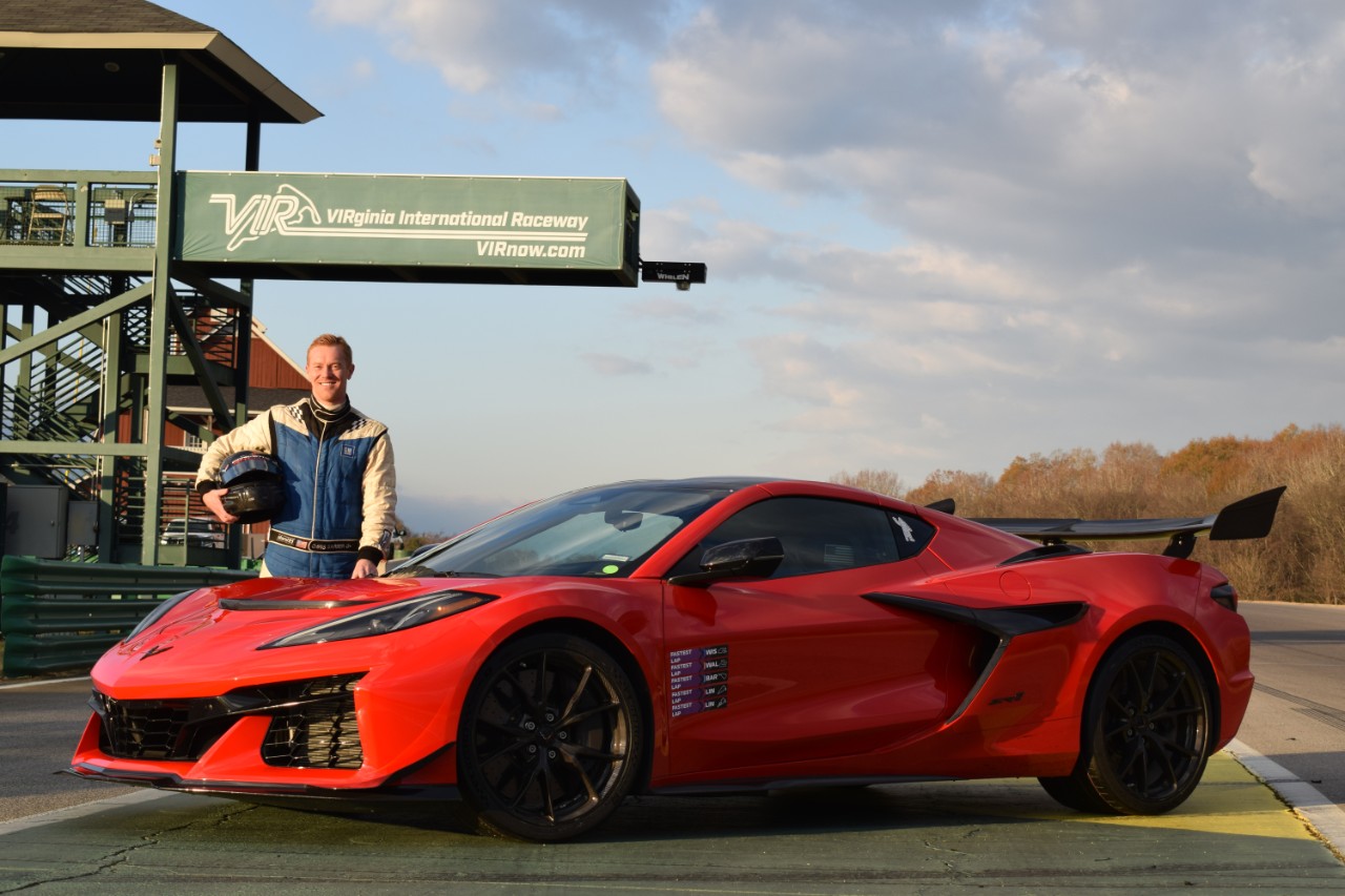 Chris Barber, Corvette ZR1 lead development engineer, stands with the ZR1 at Virginia International Raceway. 