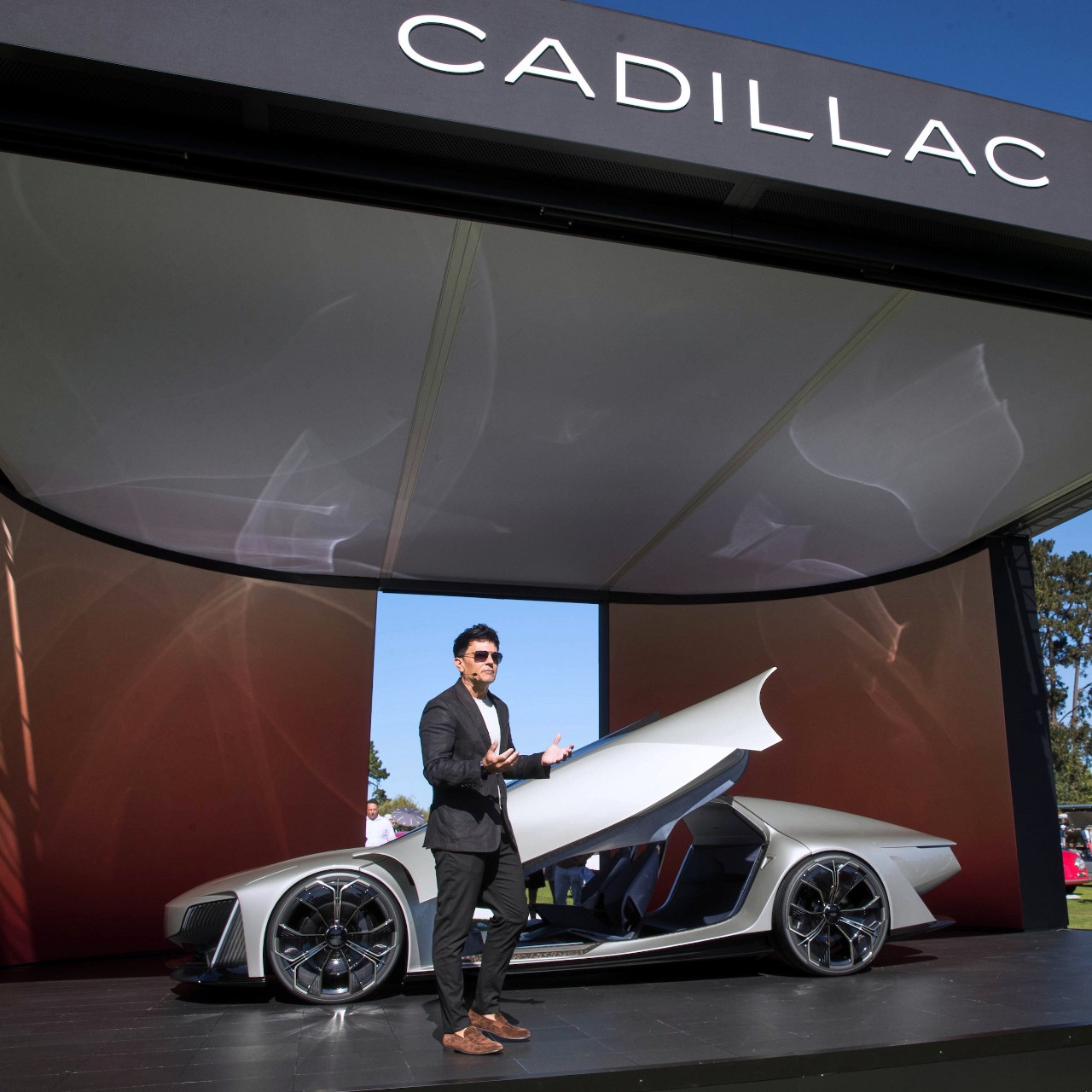Nesbitt introducing the Cadillac Opulent Velocity concept car in 2024.
