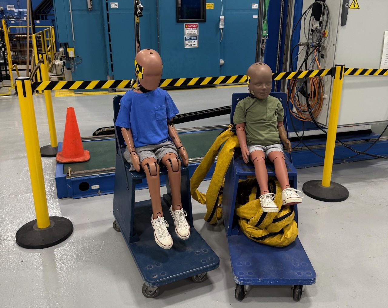 Child-sized test dummies. General Motors pioneered the use of automotive test dummies in the 1960s. Two child-sized test dummies.