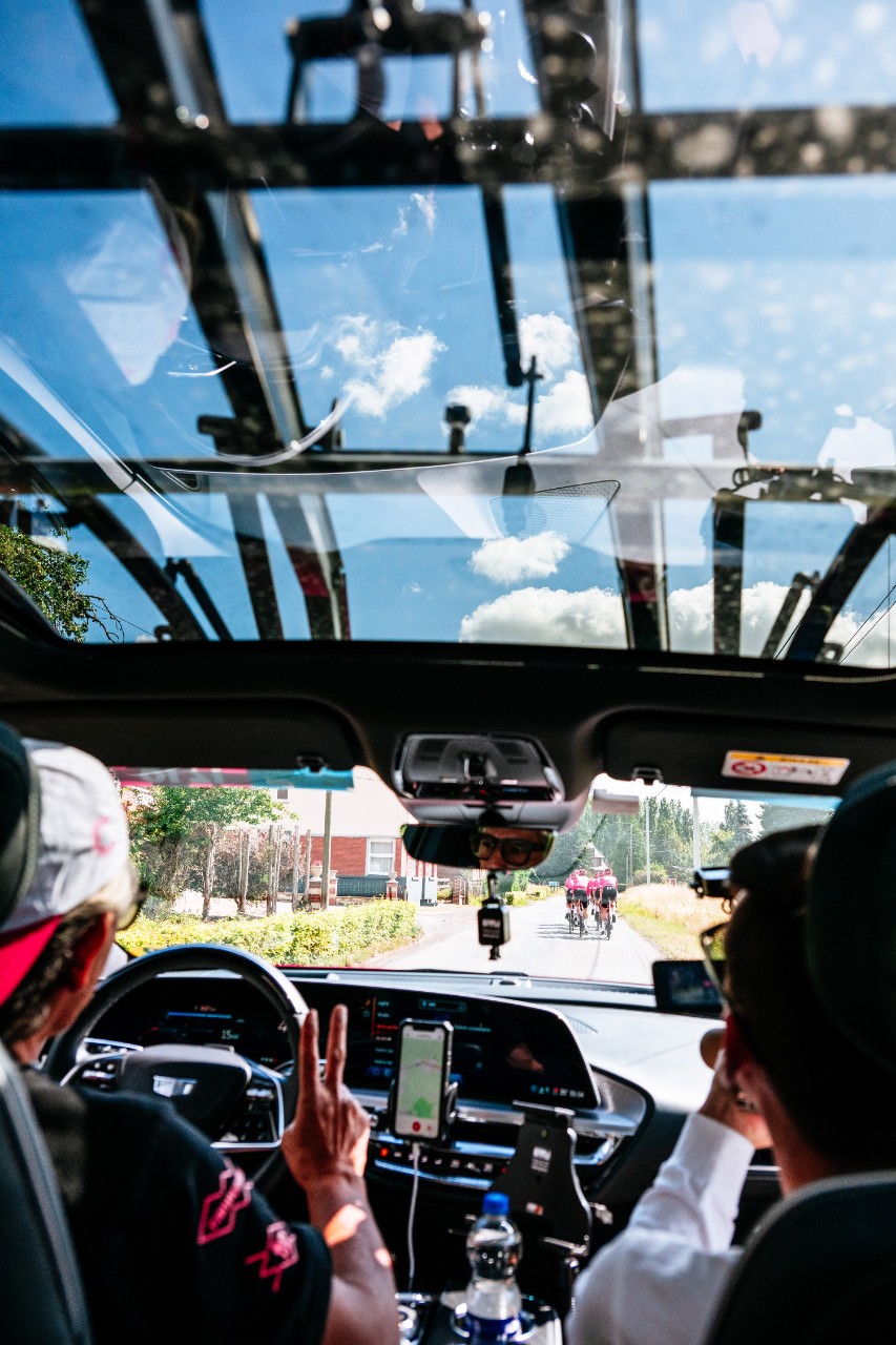 Inside a Cadillac LYRIQ support car on the 2025 Tour de France.