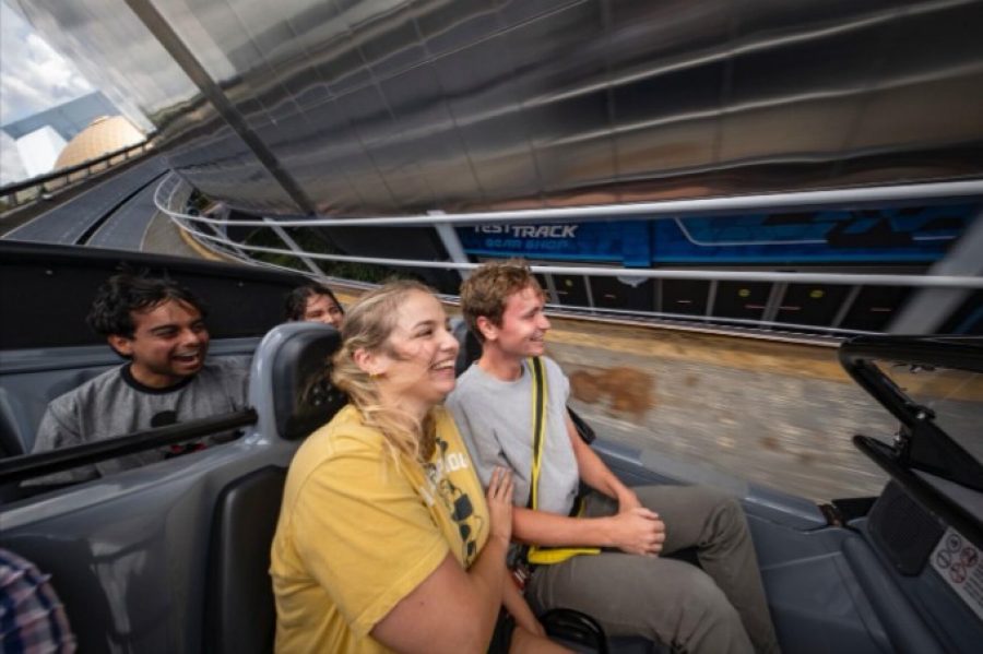 People on the Test Track ride at EPCOT