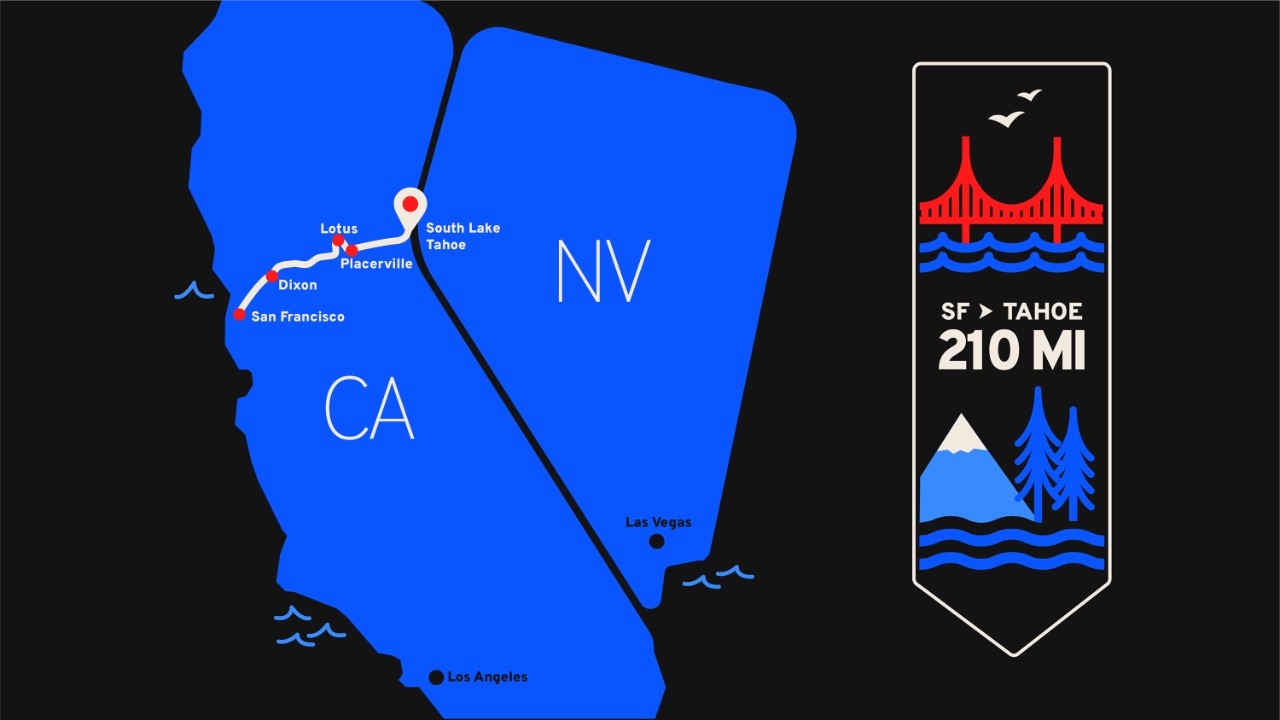 Map of a road trip to Lake Tahoe from San Francisco