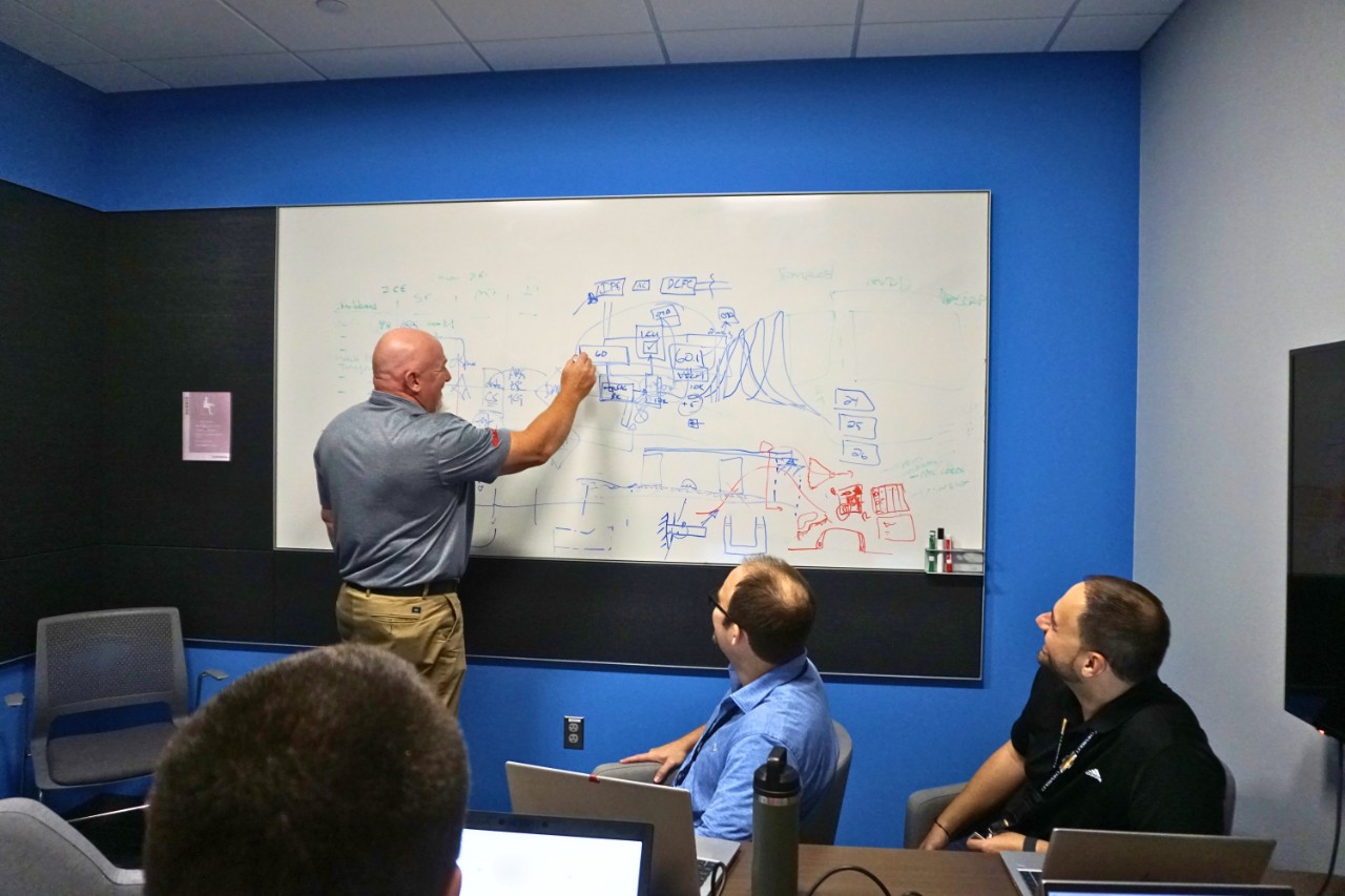 Four men in a meeting look at a whiteboard