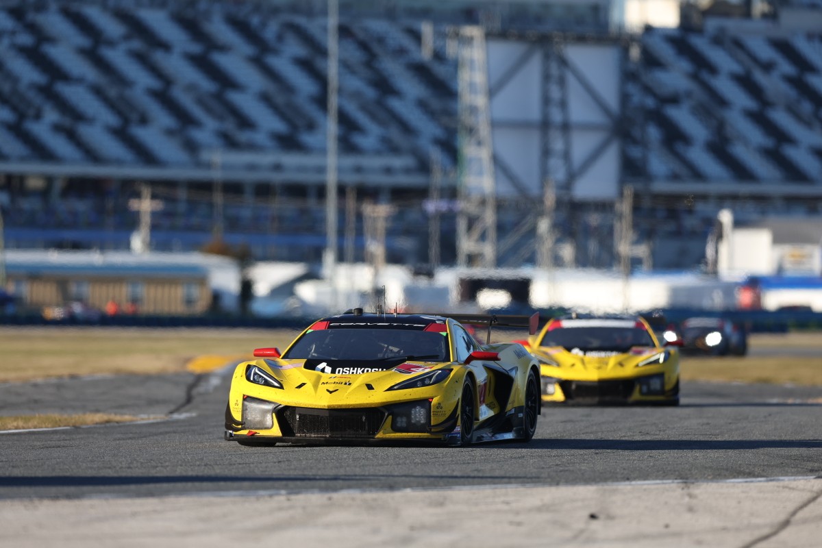 Two Corvette Z06 GT3.Rs during the Rolex 24 at Daytona.