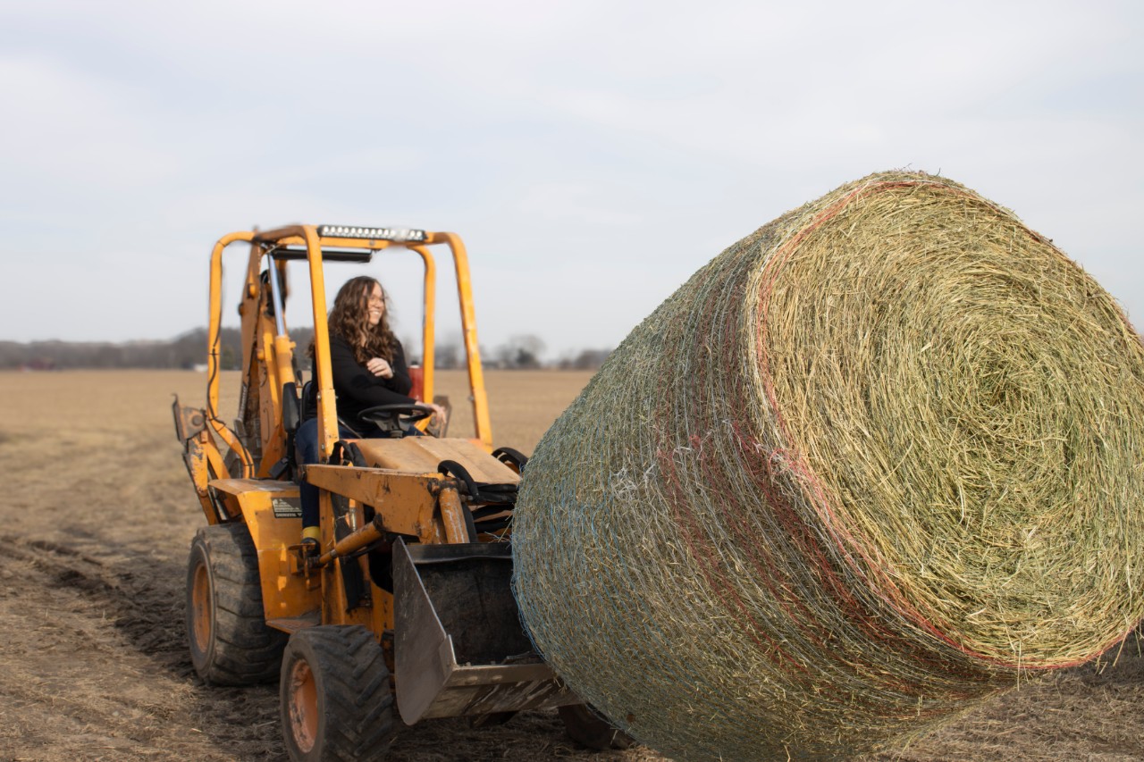 Hillary Lange wears a black shirt and jeans while moving a hay bale with a yellow tractor.