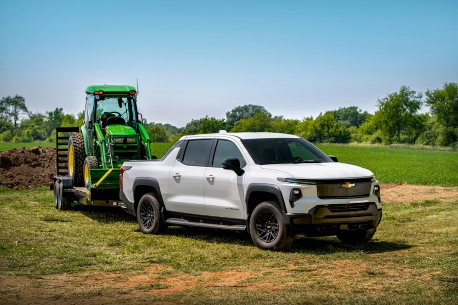 The Chevrolet Silverado EV Work Truck, pulling a trailer
