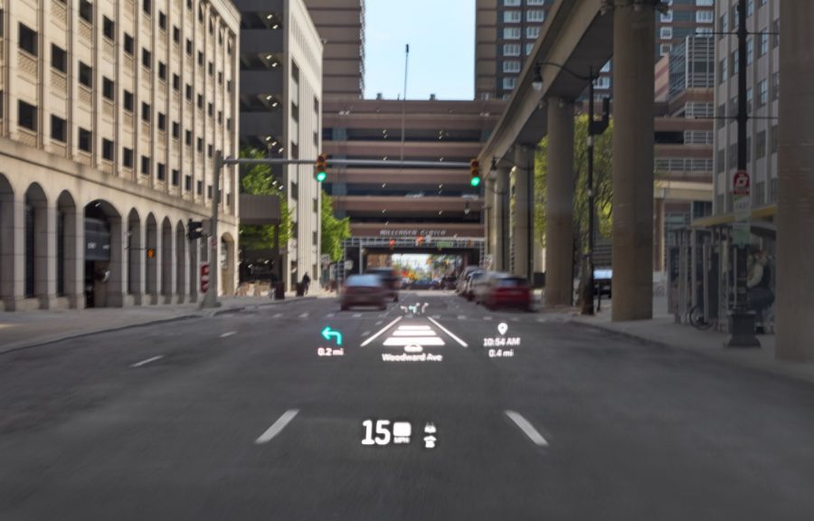 Driver view of the augmented reality head-up display in the 2026 Cadillac VISTIQ.