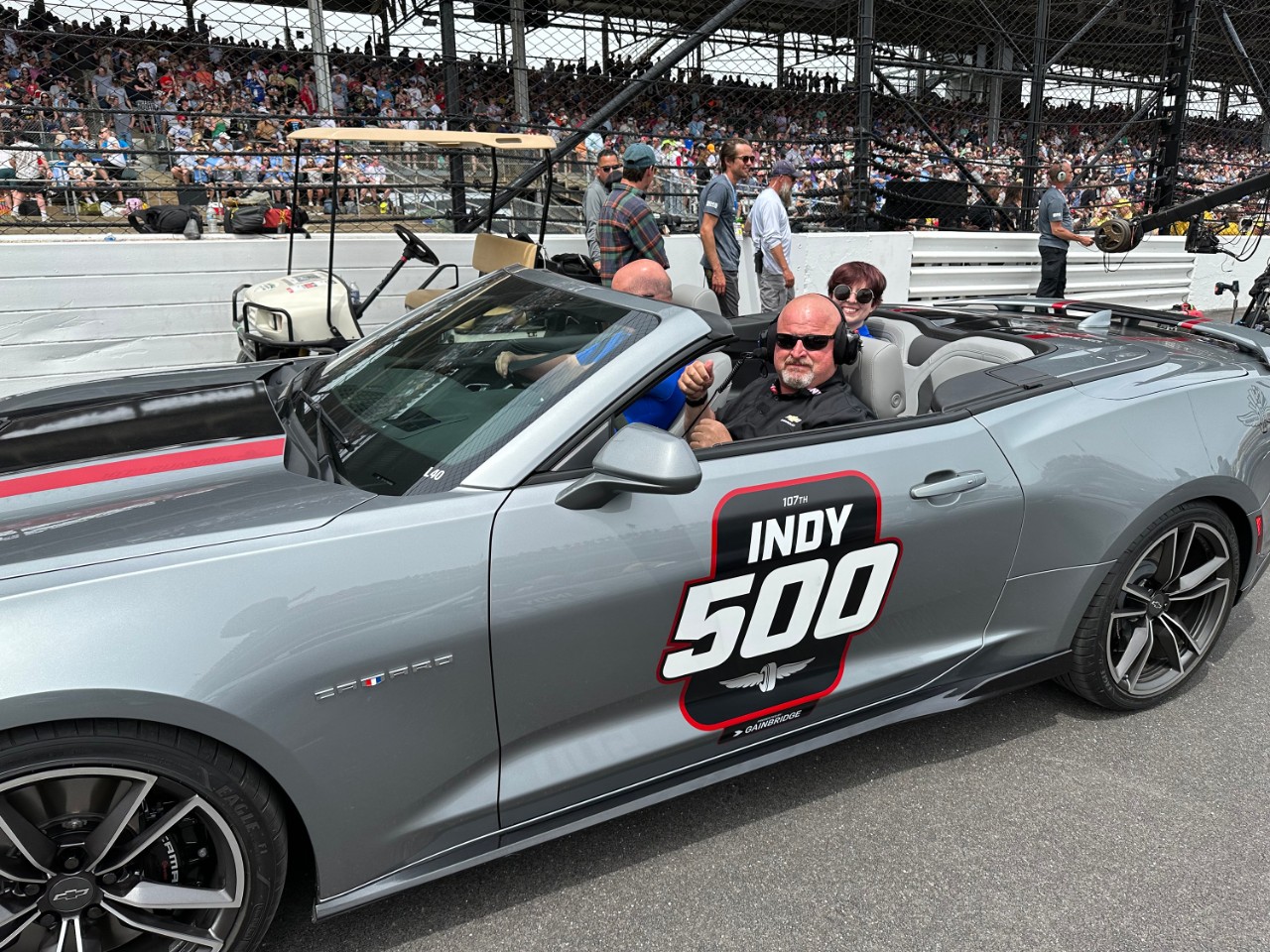 GM Senior VP Ken Morris at the wheel of Chevrolet Camaro pace car, at the 2023 Indy 500.