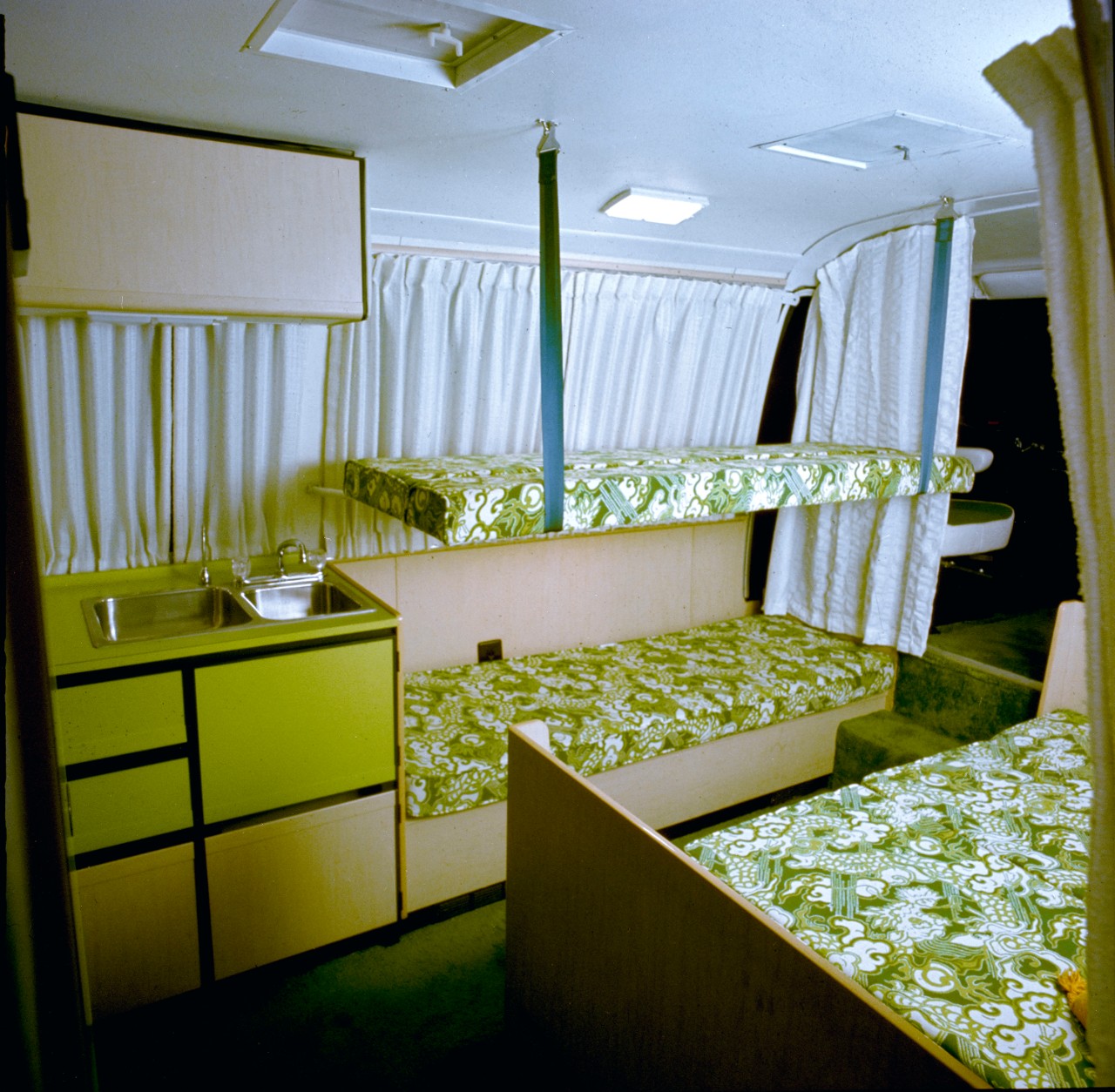 GMC Motorhome interior view, in green and white