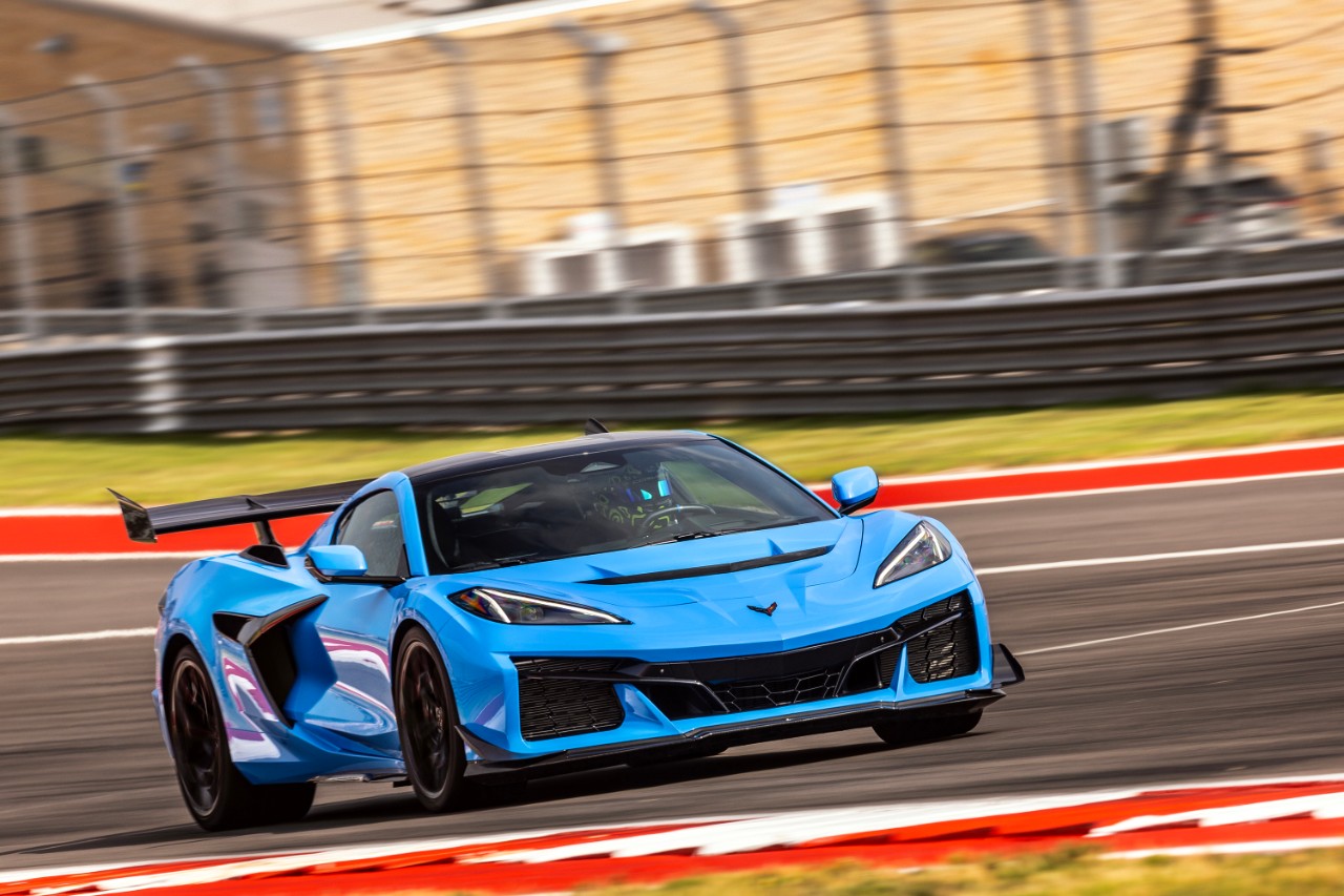 A blue Chevrolet Corvette ZR1, at the Circuit of the Americas track in Austin, Texas
