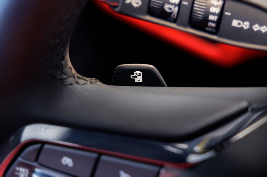 The regenerative braking paddle is just behind the steering wheel on this Chevrolet Blazer EV.