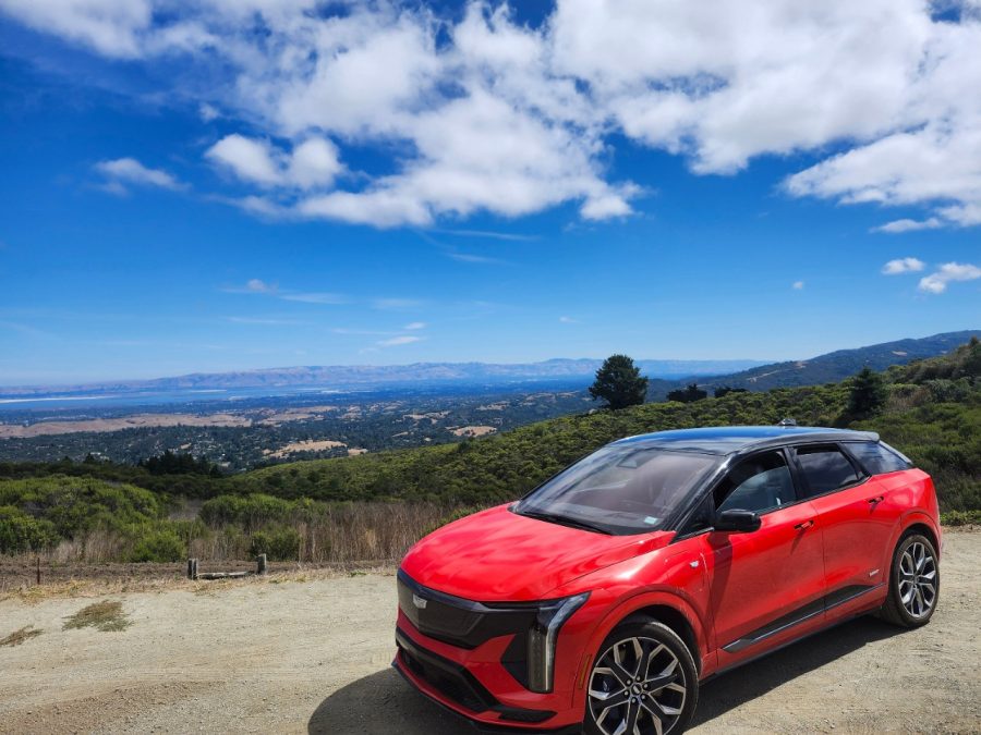 Red Cadillac at mountain scenic overlook