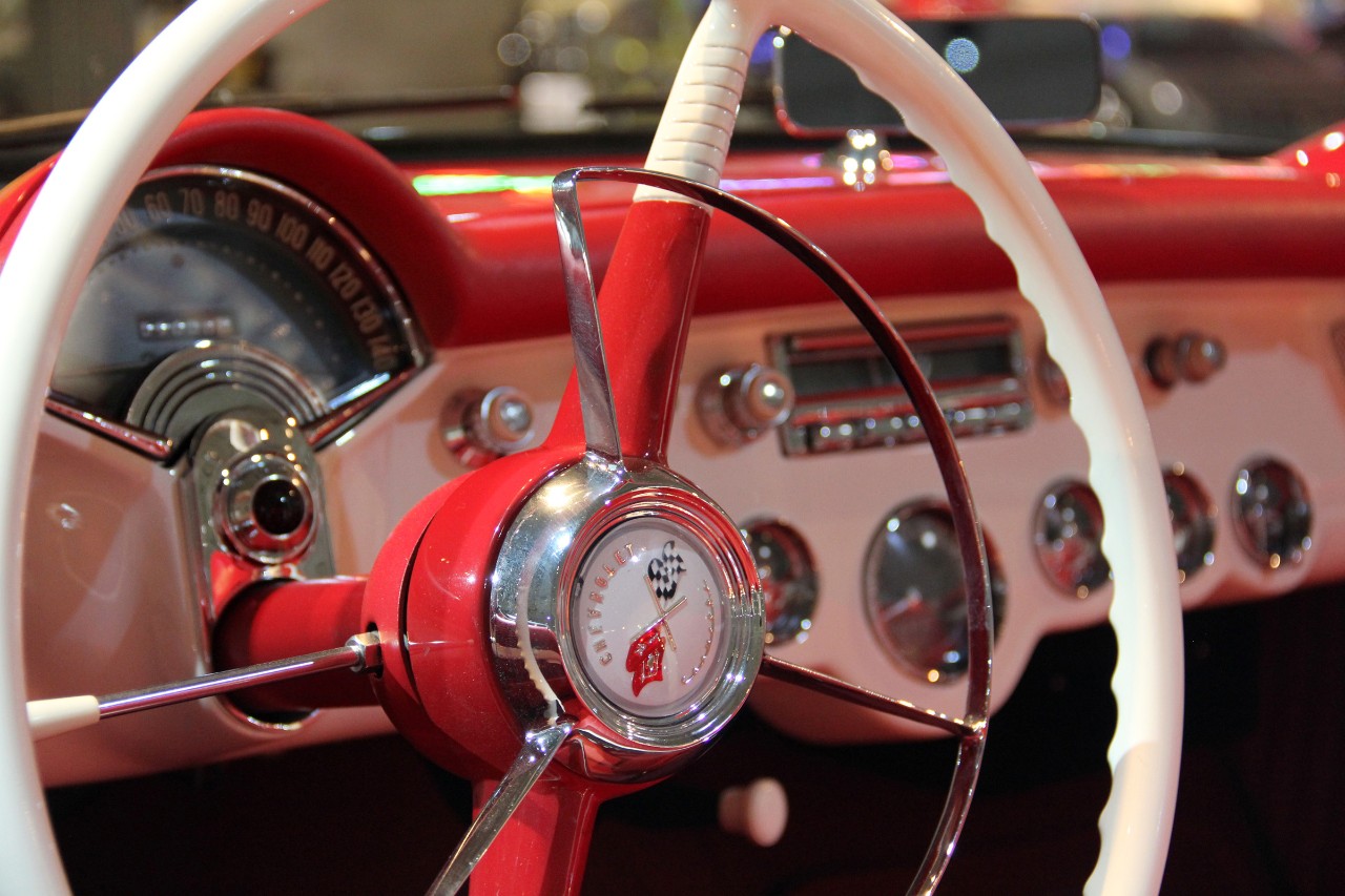 The steering wheel of the 1953 Chevrolet Corvette.