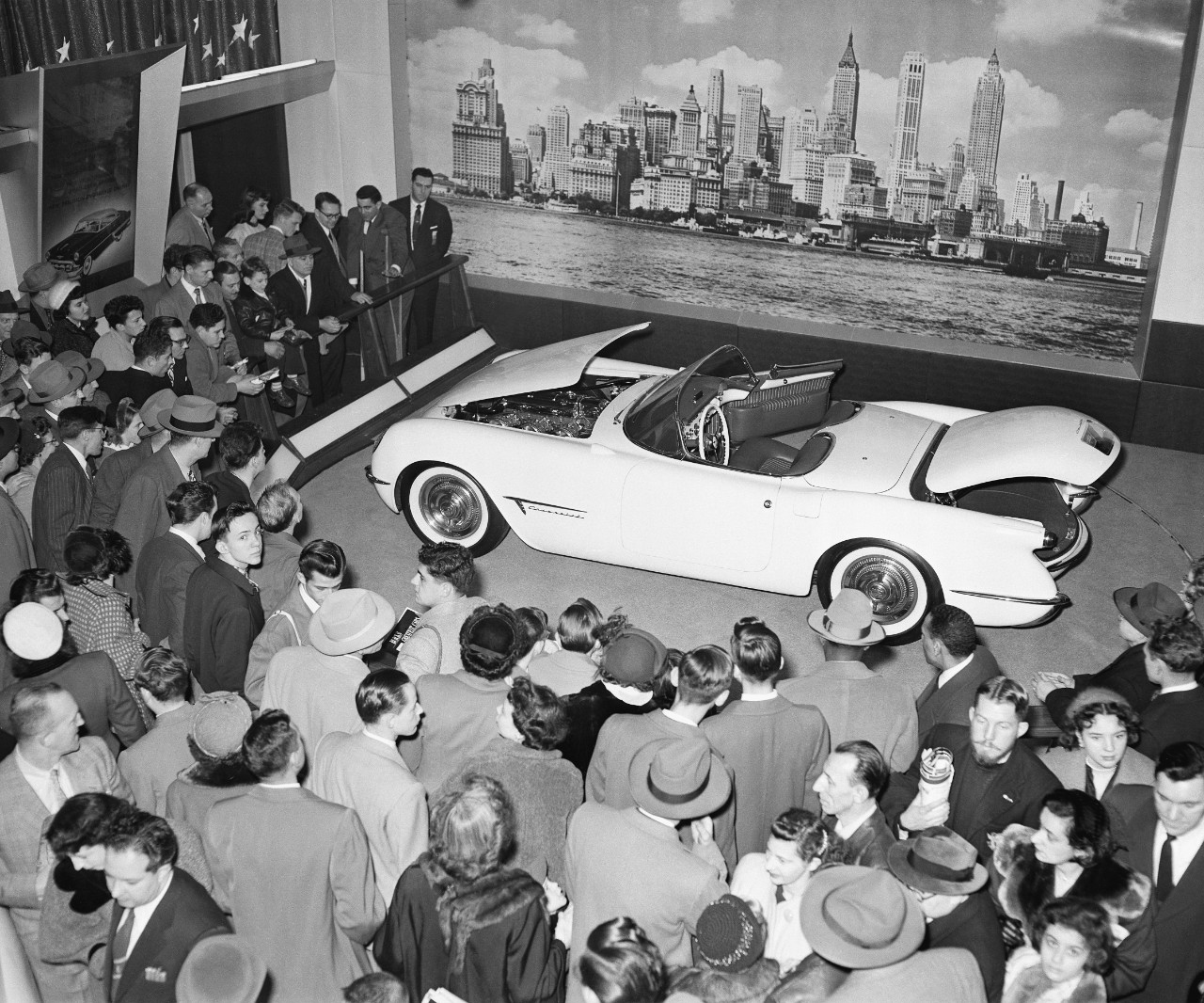 The first Chevrolet Corvette, on display at the Motorama show at the Waldorf-Astoria in January 1953