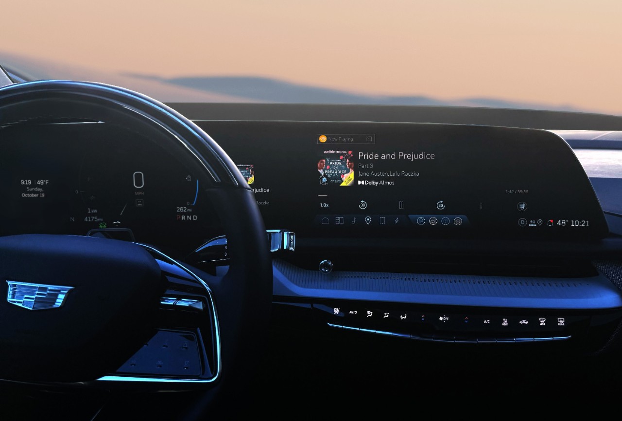 Pride and Prejudice audiobook on Cadillac infotainment screen