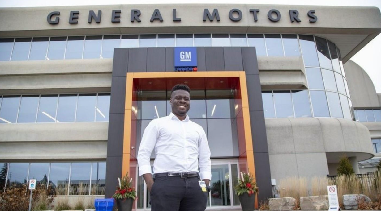 Aaron Leiba with a GM logo in the background.