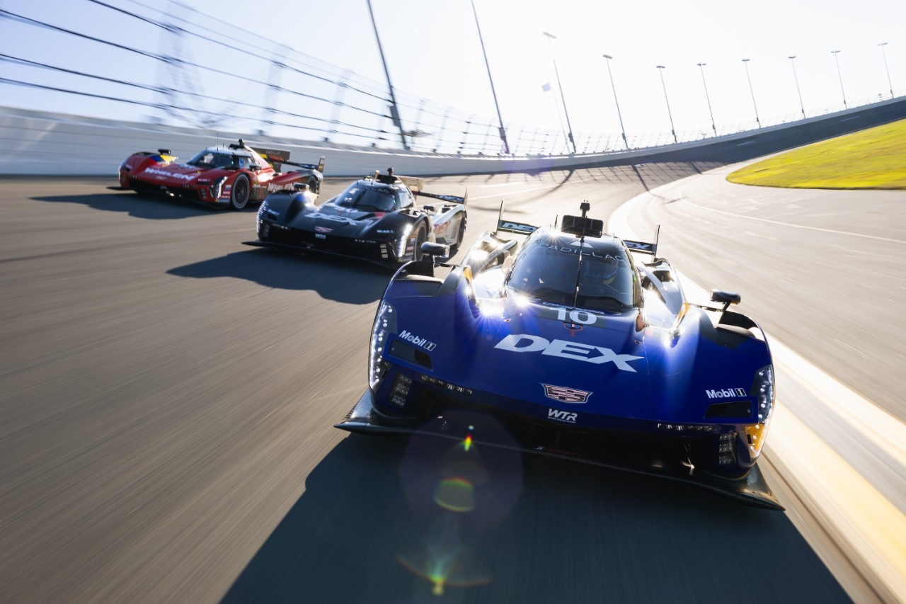 Three Cadillac V-Series.R racecars at Daytona.