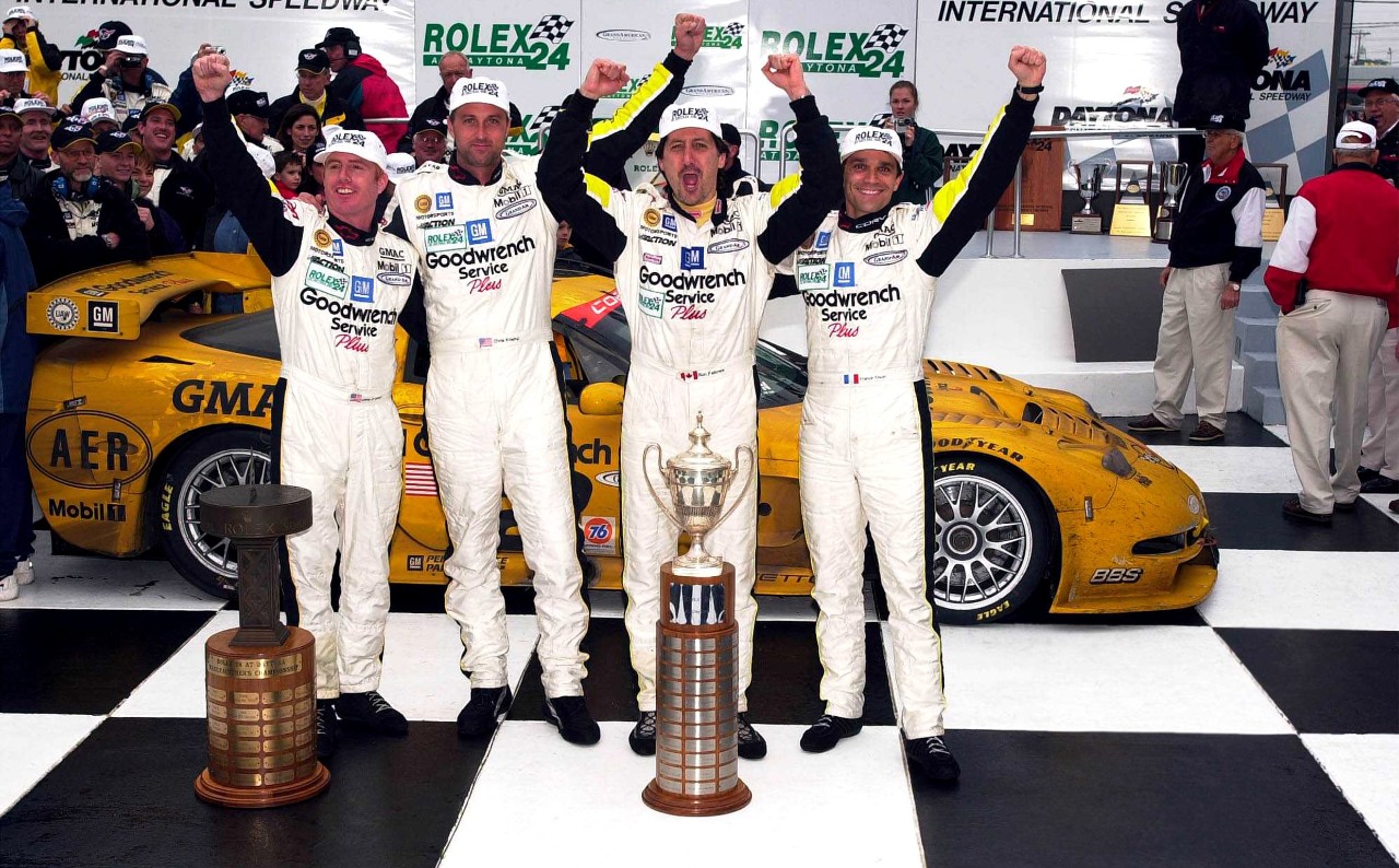 Johnny O’Connel, Chris Kniefel, Ron Fellows, and Franck Freon celebrating their Rolex 24 At Daytona victory.