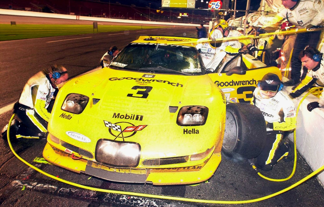 Corvette Racing crew working on the No. 3 C5-R during a pit stop at Daytona.