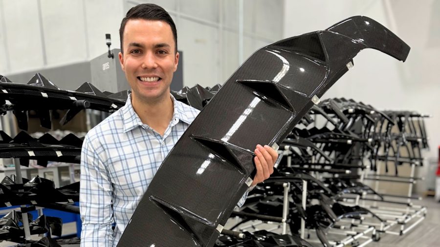 Alex Reba holding carbon-fiber part