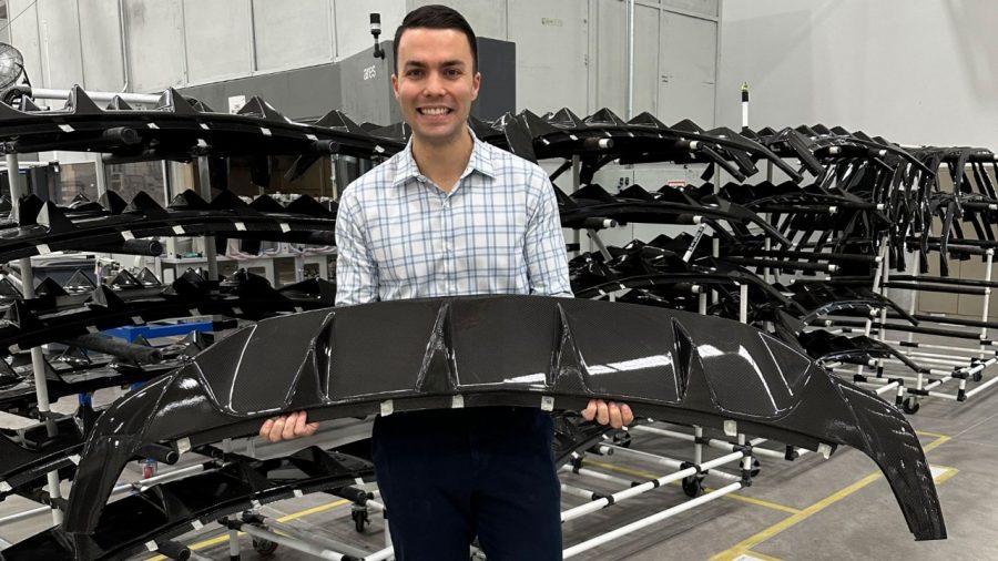 Alex Reba holding carbon-fiber part