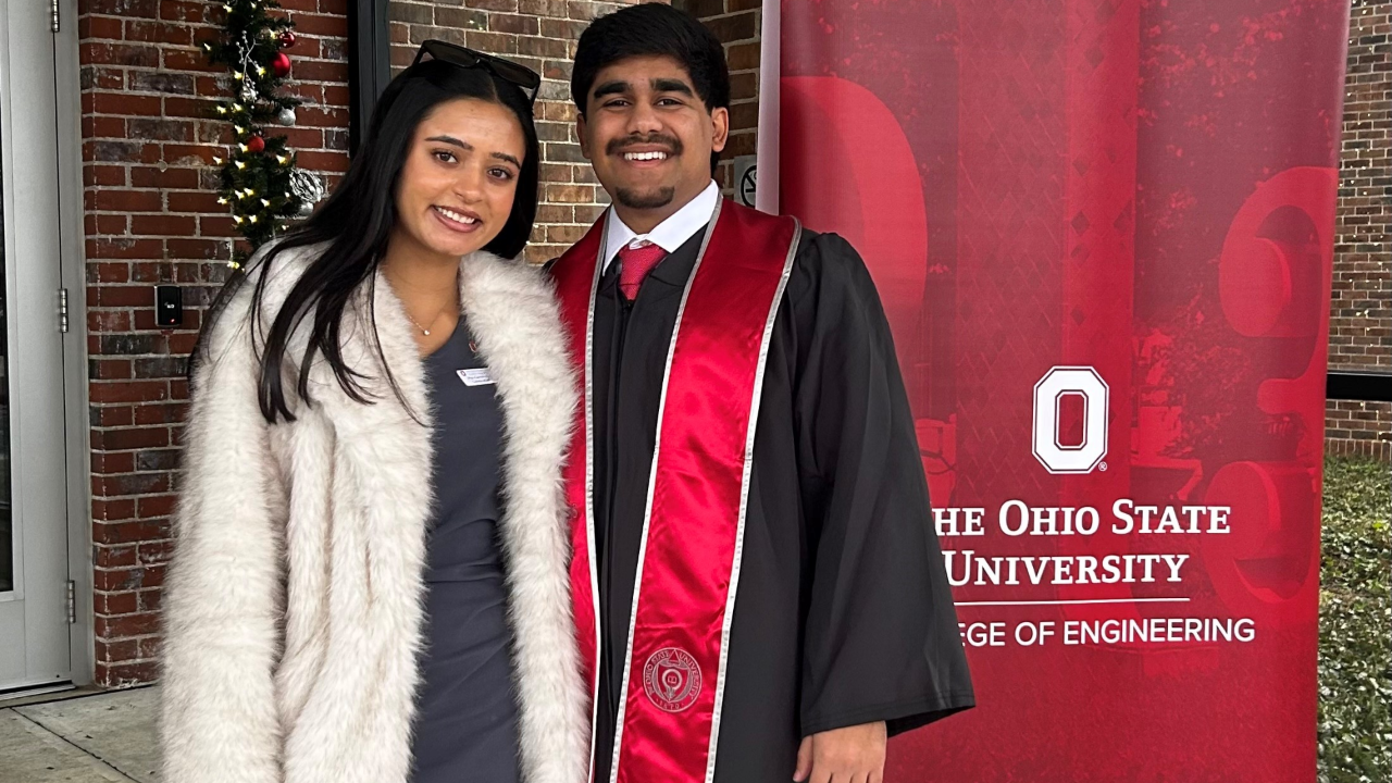 Vir celebrates graduating from The Ohio State College of Engineering with his girlfriend, Aarya