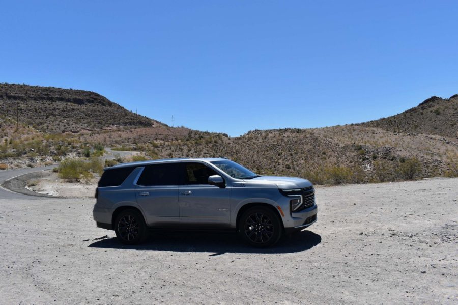 Silver Chevrolet Tahoe in desert setting