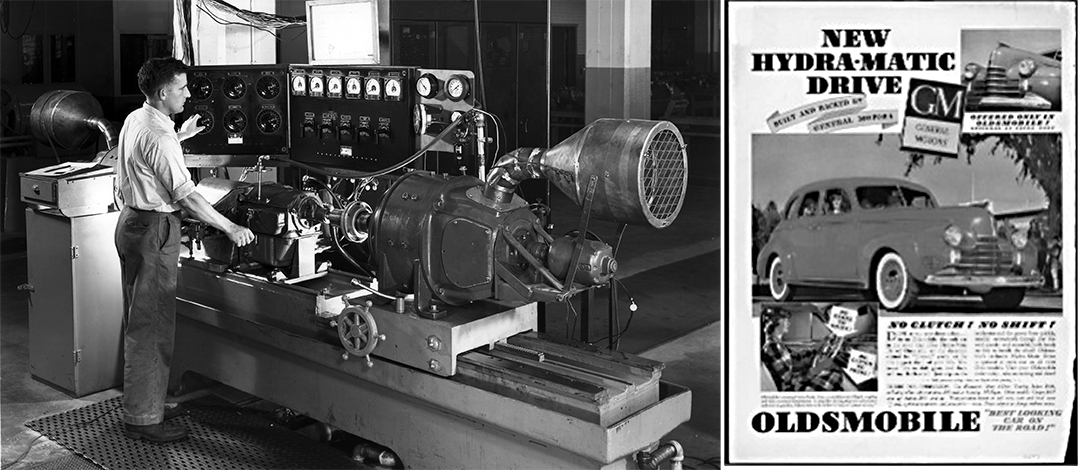 A GM employee operates an early concept of the automatic transmission alongside a sales image for the first "hydro-matic" drive vehicle.