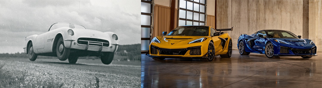 A black and white image of an early Corvette driving on a dirt track at Milford Proving Ground alongside current models of the Corvette in yellow and blue.