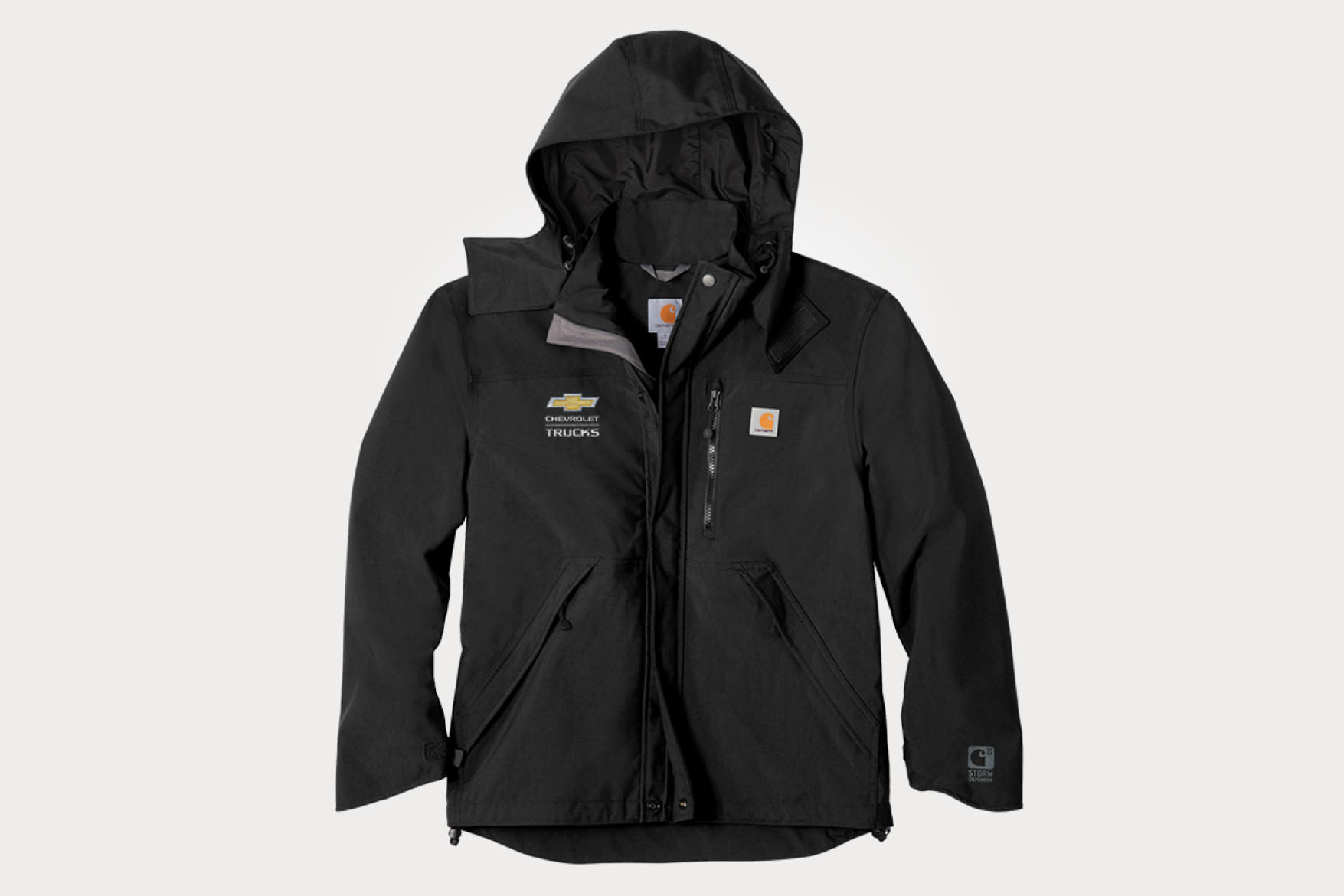 Black Hooded Jacket with Chevrolet Trucks and Carhartt Logos on Chest. Rugged, Outdoor-Ready Design and Multiple Zippers